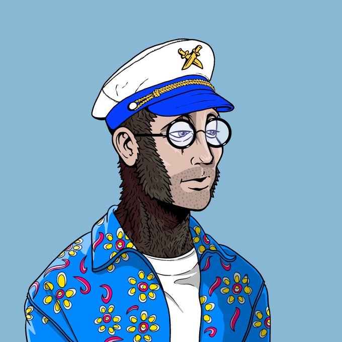 A digital illustration of a bearded man with glasses wearing a blue and white captain's hat with crossed anchors, and a blue floral patterned Hawaiian-style shirt.