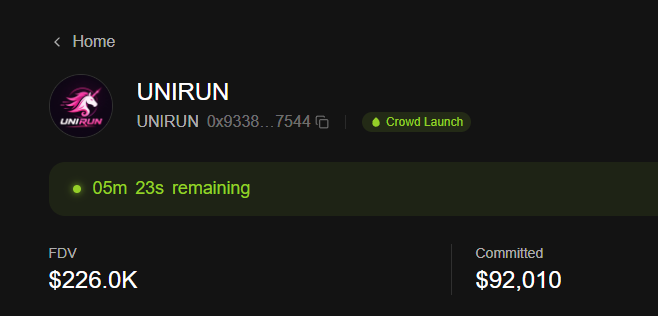 The image shows a token launch page for "UNIRUN" with the contract address 0x9338...7544, displaying "05m 23s remaining" on a countdown, a Fully Diluted Valuation (FDV) of $226.0K, and $92,010 committed to the Crowd Launch, matching the post's details about the $UNIRUN token nearing the end of its 226K FDV crowdfunding phase.