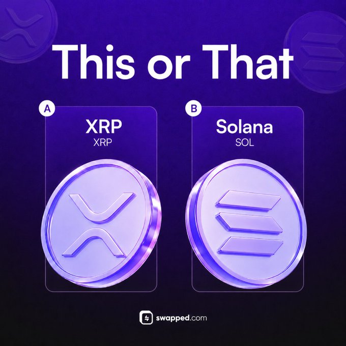 A purple-themed "This or That" graphic from swapped.com presents two 3D-rendered cryptocurrency coins side by side: option A shows XRP with its stylized "X" logo, and option B shows Solana (SOL) with its triple-line emblem, prompting viewers to pick between the two assets.