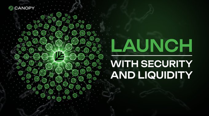 A promotional graphic with the 'CANOPY' logo and a green leaf-like circular design, reading 'LAUNCH WITH SECURITY AND LIQUIDITY'.