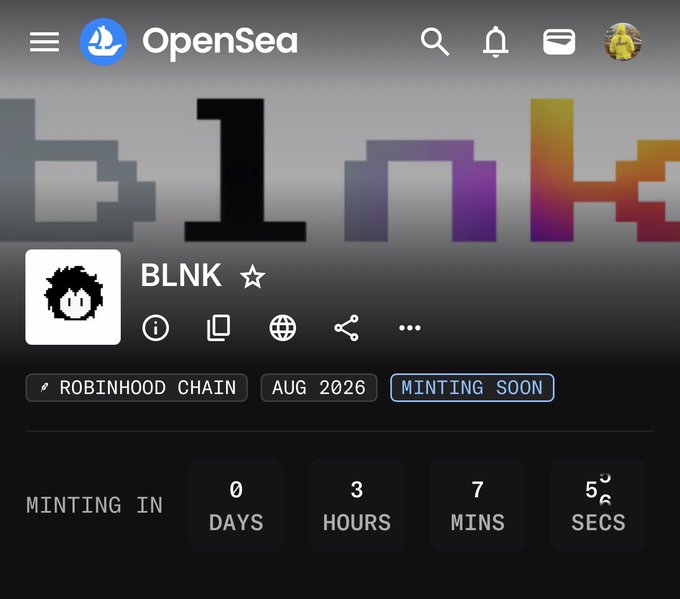 The image shows an OpenSea listing for the "BLNK" collection on Robinhood Chain, with a mint countdown of 0 days, 3 hours, 7 minutes, and 53 seconds remaining, marked as "MINTING SOON." This aligns with the post promoting the @BlnkINC mint, which is scheduled to begin at 2pm UTC with a price of 0.0035 ETH (~$6.6).