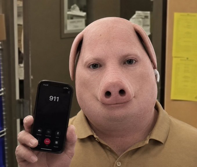 The image features a man wearing a pig head mask with a cell phone held up next to him. The caption of the image reads "Call an ambulance, but not for me (i longed john $pork)". This humorous message is related to the pig head mask and the man's situation, suggesting that he might be in need of immediate medical attention or assistance.
