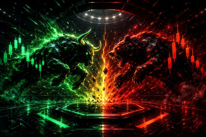 A dramatic digital artwork depicting a bull and bear clash, with green candlestick charts on the left representing rising markets and red candlestick charts on the right representing falling markets, set in an arena-like environment.