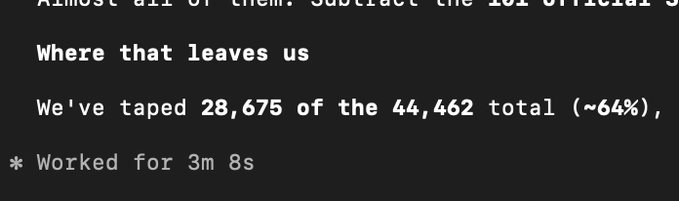 A terminal screenshot displays data extraction progress, showing "We've taped 28,675 of the 44,462 total (~64%)," which relates to the post's effort to compile transaction history from over 21,000 additional coins on Robinhood for studying wallet behavioral patterns.