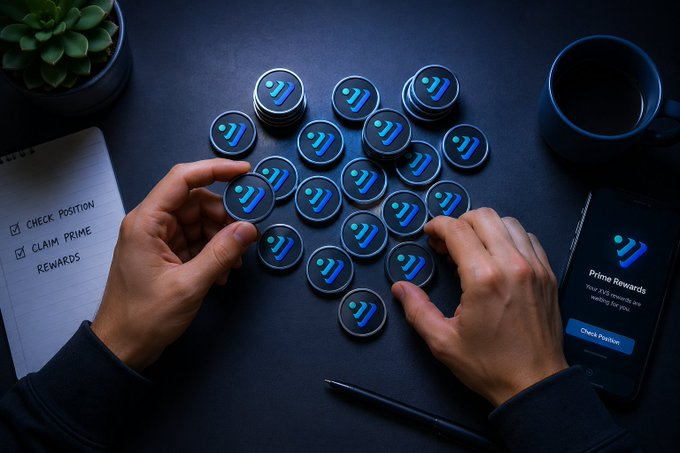 A promotional image showing hands arranging dark tokens with a blue logo on a desk, alongside a notepad with checkboxes for 'CHECK POSITION,' 'CLAIM PRIME,' and 'REWARDS,' and a smartphone displaying 'Prime Rewards' and a 'Check Position' button.