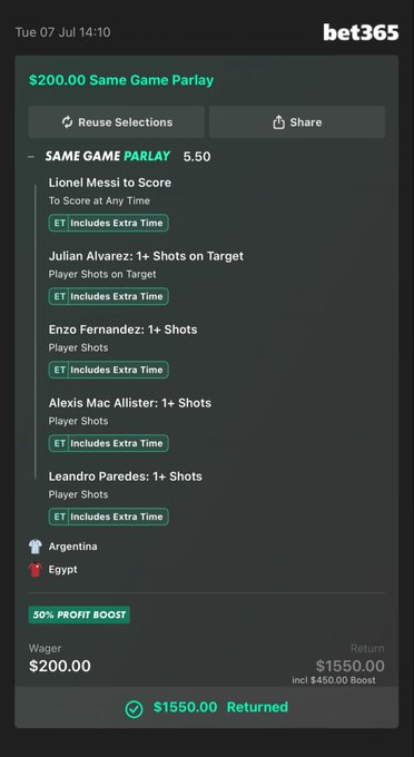 The image shows a winning $200 Same Game Parlay on bet365 with 5 legs (Lionel Messi to score, plus 1+ shots from Julian Alvarez, Enzo Fernandez, Alexis Mac Allister, and Leandro Paredes) in the Argentina vs. Egypt match, which returned $1550 with a 50% profit boost applied. This directly matches the post's "$200 -> $1550" claim, with Messi highlighted to emphasize the centerpiece of the parlay.