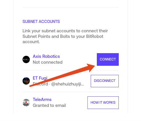 A 'SUBNET ACCOUNTS' settings panel showing options to link accounts like 'Axis Robotics' (Not connected) and 'TeleArms' (Granted to email), with a red arrow pointing to the 'CONNECT' button for Axis Robotics.