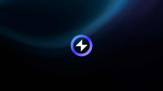 A simple logo featuring two white lightning bolts inside a blue-to-purple gradient circle against a dark, swirling background.
