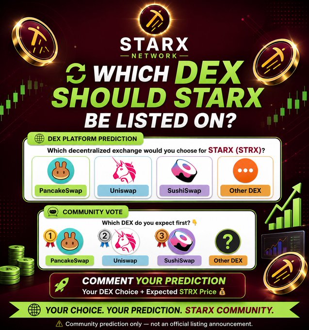 A promotional graphic for 'STARX NETWORK' asking 'WHICH DEX SHOULD STARX BE LISTED ON?' featuring options including PancakeSwap, Uniswap, SushiSwap, and Other DEX, with a community vote section and STRX ticker.