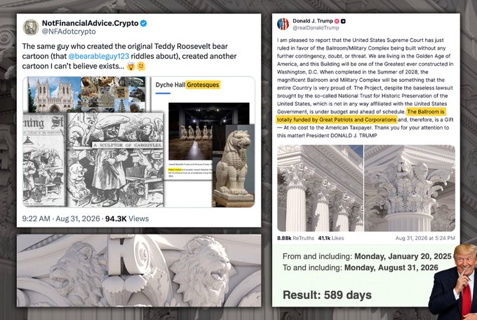 The image shows a side-by-side comparison of two social media posts: one from @NFAdotcrypto dated August 31, 2026, featuring illustrations of dyche hall grotesques alongside an image of bear mascots and a stone lion sculpture with text claiming "the same guy who created the original Teddy Roosevelt bear cartoon... created another cartoon I can't believe exists"; and another from Donald J. Trump (@realDonaldTrump) posted at 5:24 PM on August 31, 2026, showing close-ups of ornate ballroom grotesques with a lengthy caption about the White House ballroom construction funded by Patriots and Corporations, including a line stating "The Ballroom is solely funded by Great Patriots and Corporations." A banner at the bottom displays "From and including: Monday, January 20, 2025 To and including: Monday, August 31, 2026 Result: 589 days" alongside an image of Trump, visually reinforcing the post's caption about Trump's 589th day