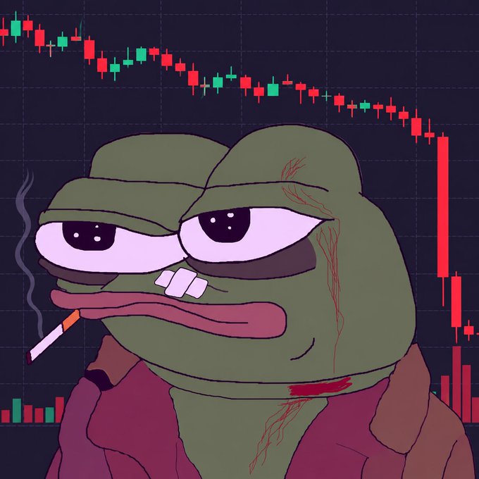 A cartoon frog (Pepe) with a bandage and cigarette looks dejected in front of a red downward-trending stock market candlestick chart.