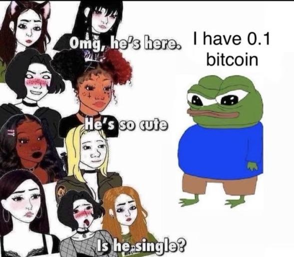 A meme featuring the Pepe the Frog character on the right saying "I have 0.1 bitcoin," with illustrated women on the left expressing "Omg, he's here," "He's so cute," and "Is he single?"