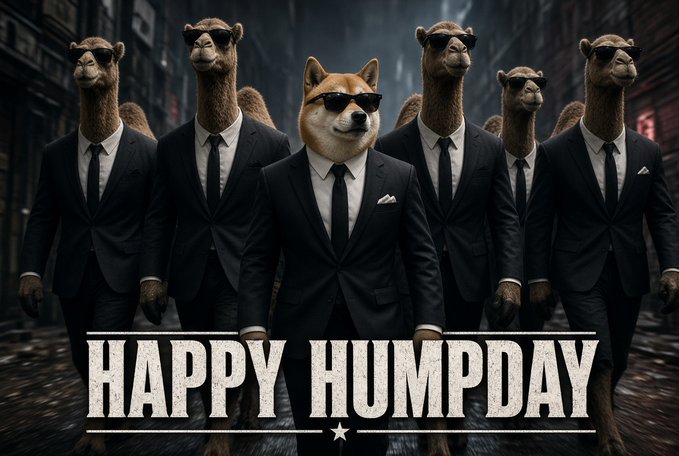 AI-generated image of a dog wearing sunglasses and a suit walking with llamas in suits, with the text 'HAPPY HUMPDAY' at the bottom.