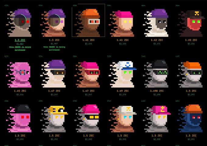 A grid of pixel art character avatars with various hats and colored eyes, displayed with prices like '1.43 ZEC' and '1.5 ZEC' along with USD equivalents.