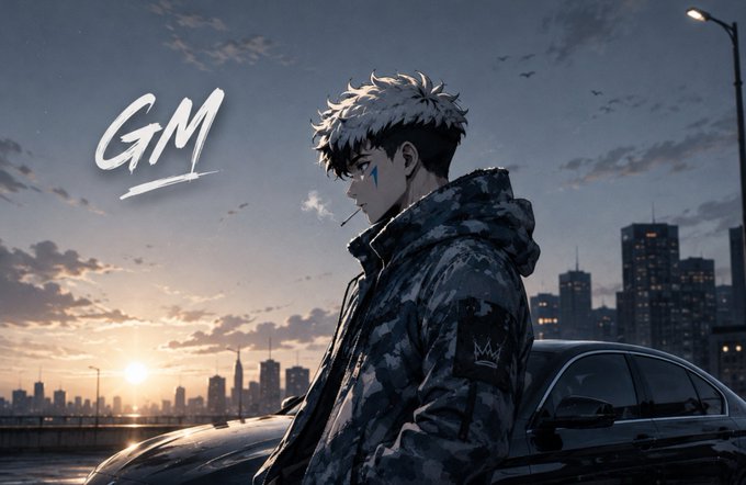 An anime-style illustration of a young man with spiky white hair wearing a camouflage jacket, with the text 'GM' in the sky above a city sunset.