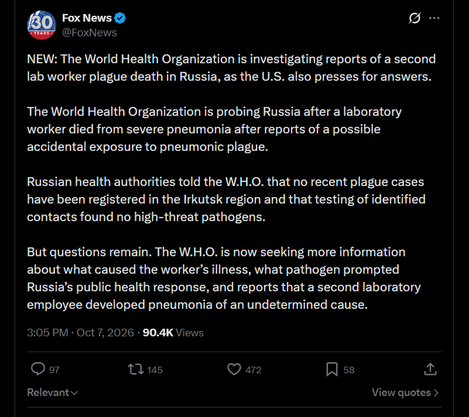 Fox News tweet by @FoxNews stating: 'NEW: The World Health Organization is investigating reports of a second lab worker plague death in Russia, as the U.S. also presses for answers,' posted at 3:05 PM on Oct 7, 2026 with 90.4K views.