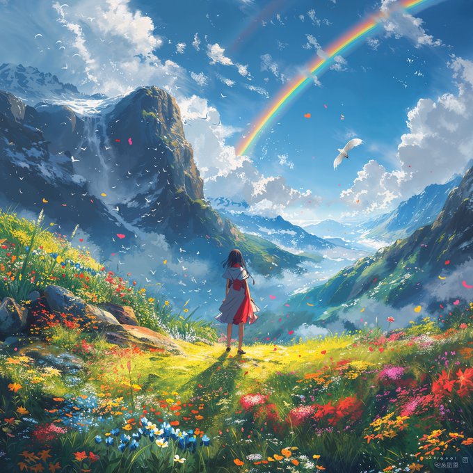 A young girl in a white and red dress stands in a vibrant mountain meadow filled with colorful wildflowers, gazing toward a towering waterfall and a radiant rainbow arcing across the sky, with a white bird soaring nearby. The artwork, titled "Peace, Love, and Freedom" by Sneketoshi, visually embodies the post's message of divine beauty in creation through its serene landscape and hopeful imagery.