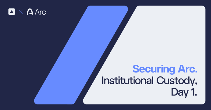 A graphic with the text 'Securing Arc. Institutional Custody, Day 1.' alongside an Avalanche logo and a fourth small icon, set against a dark background with blue and white diagonal shapes.
