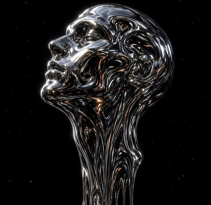 A polished chrome humanoid bust emerges from a fluid, liquid-like base, its reflective metallic surface capturing glints of light against a starry black backdrop—evoking the surreal, otherworldly consciousness described in the "Semi Vivus" NFT collection announcement, which offers 696 free mint pieces as portals to stories from beyond.