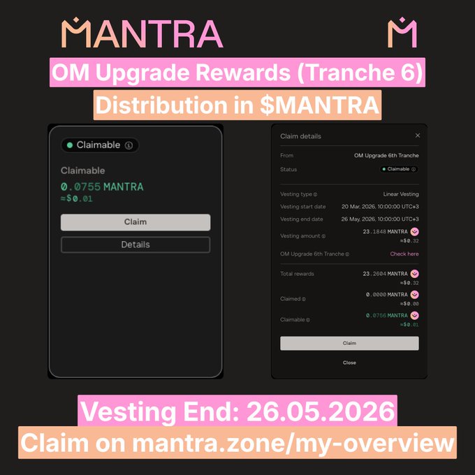irmage of a Mantra upgrade rewards distribution in $MANTRA, with a claim detail and a claim status check.