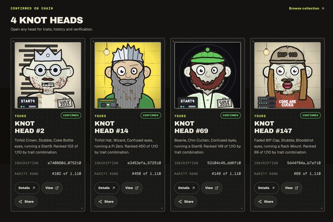 Four NFT "Knot Heads" characters are displayed on the Knot Heads collection page, each labeled with traits like "Twfoil Crown," "Twfoil Hat," "Beanie," and "Faded BiP Cap," along with inscription numbers, rarity rankings (ranging from #69 to #450 of 1,110), and "CONFIRMED ON CHAIN" status. The image showcases the project's NFT collection, supporting the post's promotion of the knotheads.art mint page.