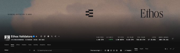A dark-themed dashboard for the Ethos cryptocurrency, showing the tagline 'BRINGING REPUTATION TO WEB3' and listing Ethos Validators with a price of 1.66 ETH.