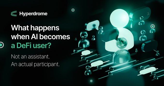 The image shows a poster for a website named Hyperdome which has a green hue with white text reading "What happens when AI becomes a DeFi user? Not an assistant. An actual participant. Voting. Allocating capital. Managing positions. Optimizing yield." It is described as a "post about how investing works" and it suggests that the content on the website is related to AI and DeFi. The poster focuses on these topics, aiming to inform and educate users about the possibilities of investing in new technology such as AI and DeFi platforms.