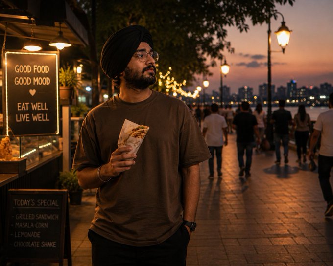 A man wearing a black turban and brown t-shirt stands at a riverside food stall at dusk, holding a wrap; a neon sign reads 'GOOD FOOD GOOD MOOD ♥ EAT WELL LIVE WELL' with a 'TODAY'S SPECIAL' menu listing grilled sandwich, masala corn, lemonade, and chocolate shake.