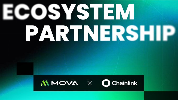 A graphic displaying 'ECOSYSTEM PARTNERSHIP' text with the Mova and Chainlink logos at the bottom on a teal background.