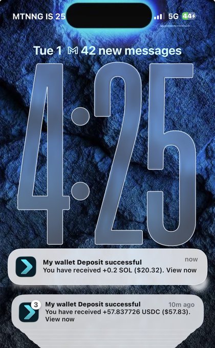 A phone lock screen displays the time 4:25 on Tuesday, March 1st, with notifications showing wallet deposits totaling over $78 in SOL and USDC cryptocurrencies. The image aligns with the post's theme by showcasing the tangible crypto earnings someone has accumulated, while the "Web3 Jobs" caption plays on the privacy of one's income with the classic "none of my business" deflection.
