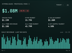 The image displays a screenshot of a trading dashboard for a crypto exchange called Hyperliquid Protocol fees. The dashboard shows information about various transactions, including transaction costs and values for different cryptocurrency tokens. There are two specific charts displayed prominently within the dashboard - one representing daily trading fees and the other showing the breakdowns of all-time burn rates across different token types. These charts provide valuable insights into the exchange's performance in terms of fees and user experience.