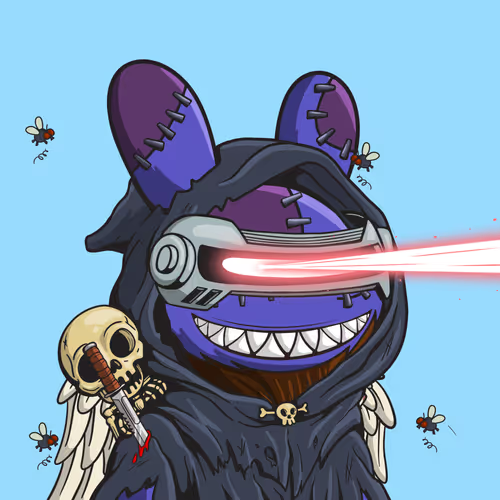 A cartoon illustration of a purple stitched character with a sharp-toothed grin, wearing a black hooded cloak, shooting red laser beams from its eyes while holding a skull and surrounded by flies