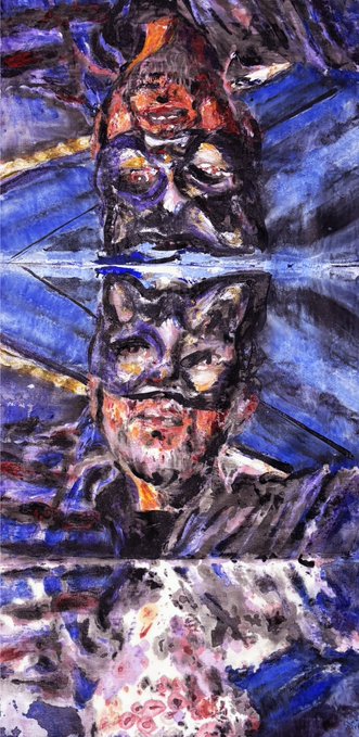 An abstract expressionist painting with dark blues and browns depicting a distorted, contorted figure or face in a vertical composition.