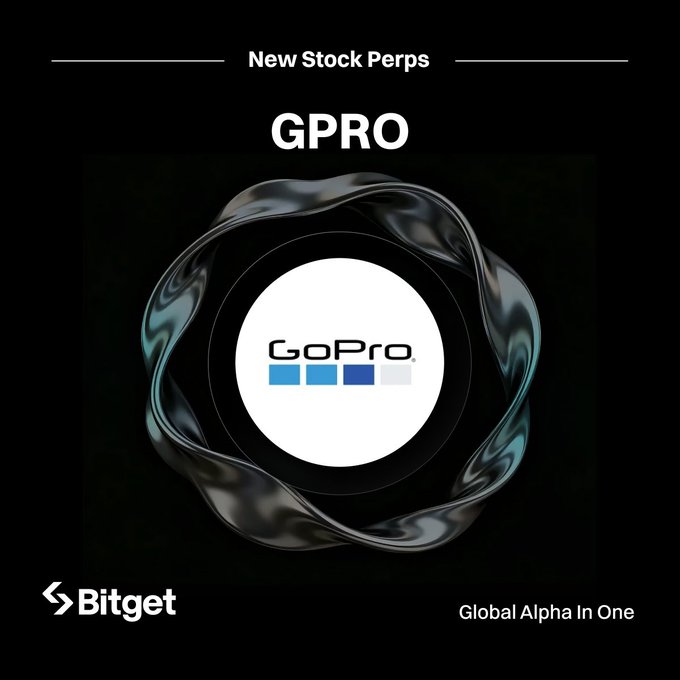 The image is a Bitget promotional graphic announcing "New Stock Perps" featuring the GoPro (GPRO) ticker, prominently displaying the GoPro logo within a circular design alongside the Bitget logo and tagline "Global Alpha In One."

The image reinforces the post's message by visually highlighting GoPro as one of the newly available stock perpetual contracts that can be traded on Bitget TradFi.