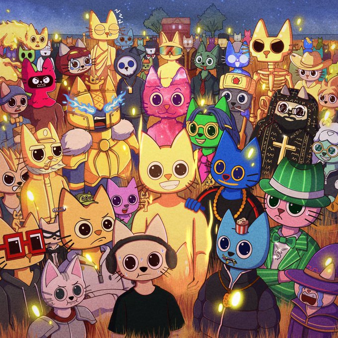 A large gathering of colorful anthropomorphic cat characters dressed in various outfits (cowboy, priest, suited businessman, etc.) hold glowing candles in the dark, symbolizing the "biggest cult" community rallying behind the $CETS token on BNBChain. The whimsical feline assembly visually represents the dedicated "cult" following described in the post, which promotes $CETS as a top commodity-rewards token with a $300,000 bid backing its potential as the next 100 million dollar runner.