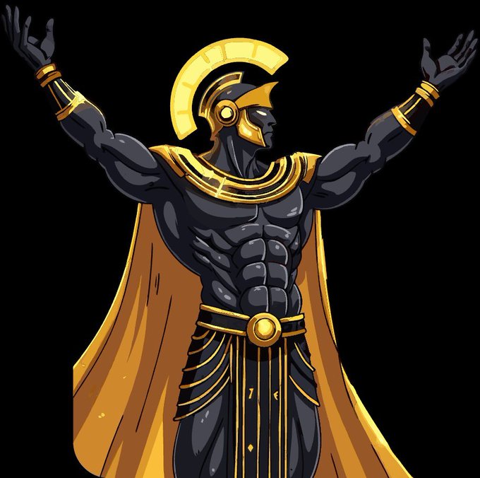 A digital illustration of a muscular warrior in dark armor with gold trim, wearing a crested helmet and a golden cape, standing with arms raised against a black background.