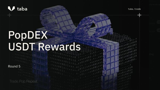 A promotional banner for taba.trade featuring a 3D blue gift box with a bow over a digital binary code background, advertising 'PopDEX USDT Rewards Round 5' with the tagline 'Trade. Pop. Repeat.'