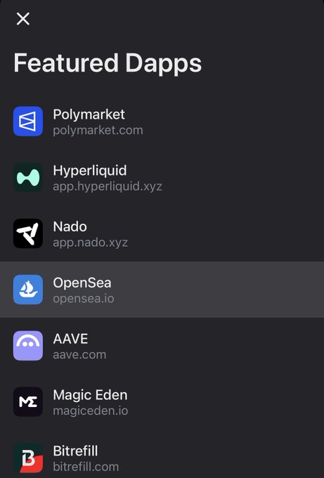 A dark-themed mobile interface screenshot displaying a 'Featured Dapps' menu, listing platforms like Polymarket, Hyperliquid, Nado, OpenSea, AAVE, Magic Eden, and Bitrefill.
