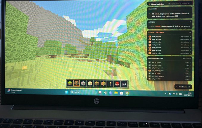 An HP laptop displays a Minecraft-style voxel game being controlled by Claude AI, with the Claude interface visible on the right side showing chat logs and task progress as the AI navigates the blocky landscape, demonstrating a real-time integration between Anthropic's Claude and the Internet Computer Protocol (ICP) blockchain through MCP.