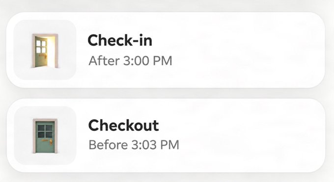 The image shows check-in information for an accommodation, displaying "Check-in After 3:00 PM" and "Checkout Before 3:03 PM" with door icons. The post jokingly relates this to crypto leverage trading, where the absurdly short three-minute trading window between check-in and checkout humorously mirrors the fleeting, high-risk nature of leveraged crypto positions.