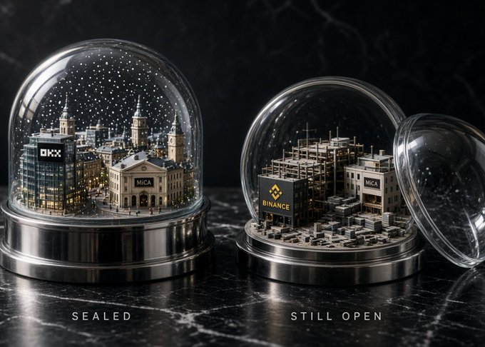 The image shows two glass snow globes on a dark marble surface: the left globe is "SEALED" with the OKX and MICA-branded buildings enclosed under the glass, while the right globe is "STILL OPEN" with its glass dome tilted aside, revealing a Binance and MICA building under construction—visually reinforcing the post's metaphor that OKX has completed its MiCA preparation while competitors like Binance remain unfinished.