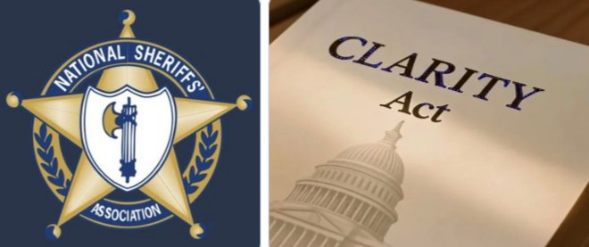 The image is split into two panels: the left shows the gold star badge of the "National Sheriffs' Association" on a navy blue background, while the right displays a document titled "CLARITY Act" in bold text alongside an image of the U.S. Capitol dome. Together, the visuals illustrate the accompanying post's announcement that the National Sheriffs' Association has dropped its opposition to the CLARITY Act and shifted to a neutral stance ahead of the Senate's September 15 procedural vote on U.S. crypto market-structure legislation.