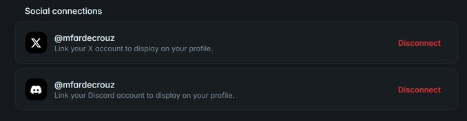 A 'Social connections' settings panel showing X (Twitter) and Discord accounts @mfardecrouz with red 'Disconnect' buttons.