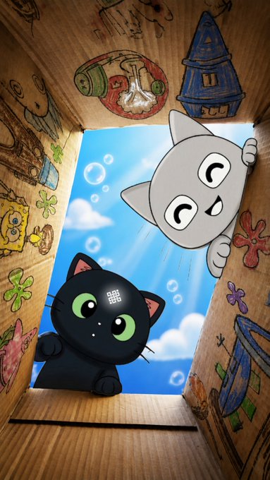 A cartoon illustration of two cats—a black cat and a gray cat with a digital face display—looking down from inside a cardboard box decorated with colorful child-like drawings.