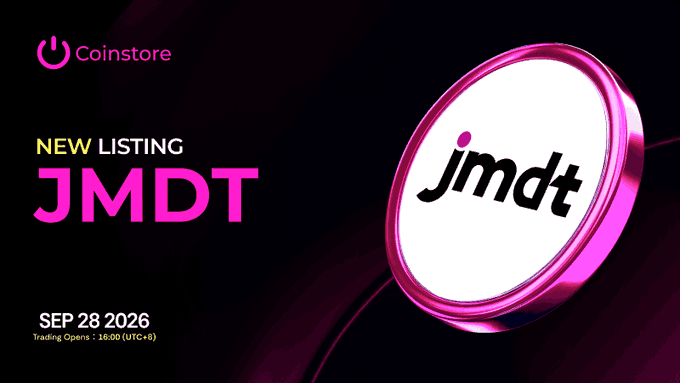 A promotional graphic announces 'Coinstore NEW LISTING JMDT' with the date 'SEP 28 2026' and 'Trading Opens : 16:00 (UTC+8)' displayed alongside a pink circular logo.