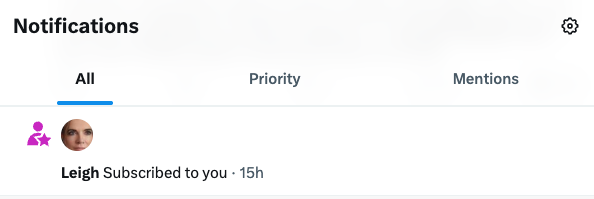 A Notifications panel showing a new subscriber alert: "Leigh Subscribed to you · 15h," confirming the subscriber mentioned in the post (@LeighLiberte) has joined. The screenshot provides visual proof of the subscription being celebrated in the accompanying message.