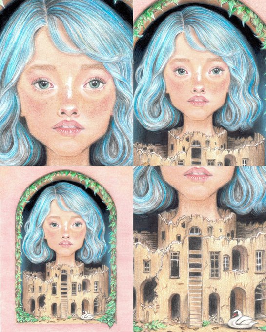 Four colored pencil portraits depict a girl with flowing light blue hair, shown both in close-up and combined with an illustration of a sand-colored building at her base, featuring a small white swan at the bottom.