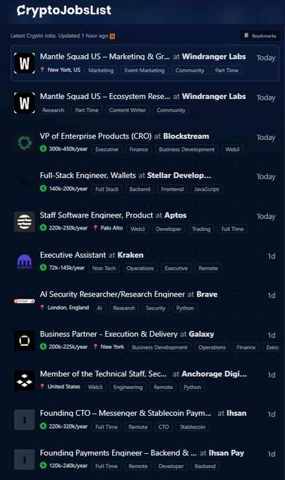 A crypto jobs board displays various open positions including Mantle Squad US roles at Windranger Labs, VP of Enterprise Products (CRO) at Blockstream ($300-450k/year), and Full-Stack Engineer at Stellar Development ($140-200k/year), among others from companies like Aptos, Kraken, Brave, Galaxy, and Anchorage Digital—all recently posted or updated.