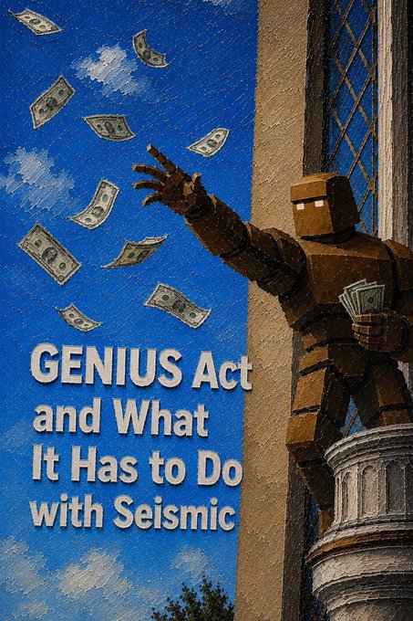 A painted-style graphic featuring a robot character throwing dollar bills with the overlaid text 'GENIUS Act and What It Has to Do with Seismic'.