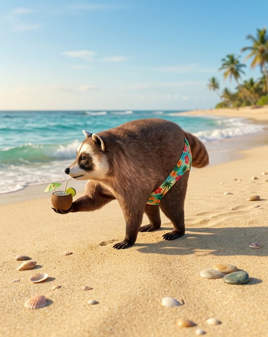 AI-generated image of a raccoon wearing colorful Hawaiian swim trunks, walking on a tropical beach while sipping from a coconut drink with a straw.